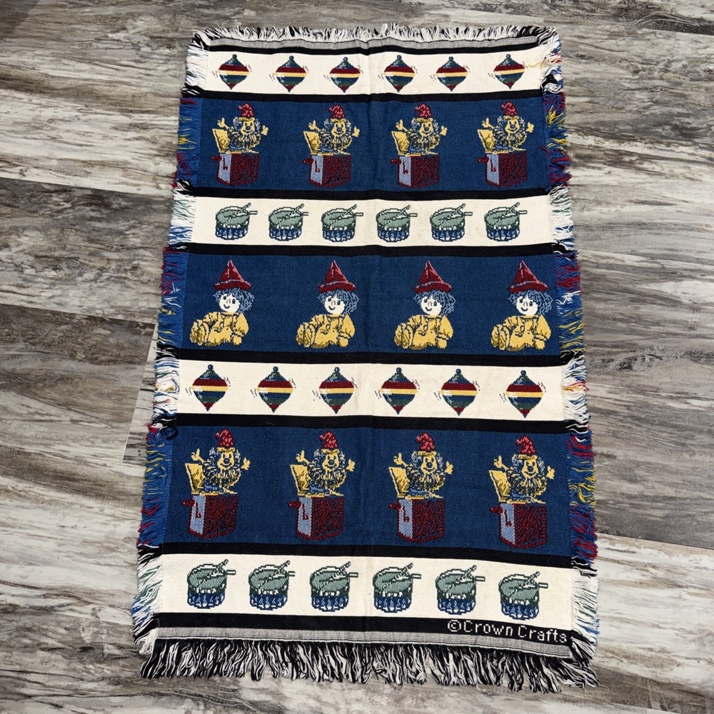 Crown Crafts Vintage Baby Blanket Tapestry Throw Clown Drums Toys Fringe 43X26